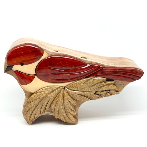 Chickadee Bird Puzzle Box - All Natural Intarsia Wood Puzzle Box - Handcrafted with Secret Compartment