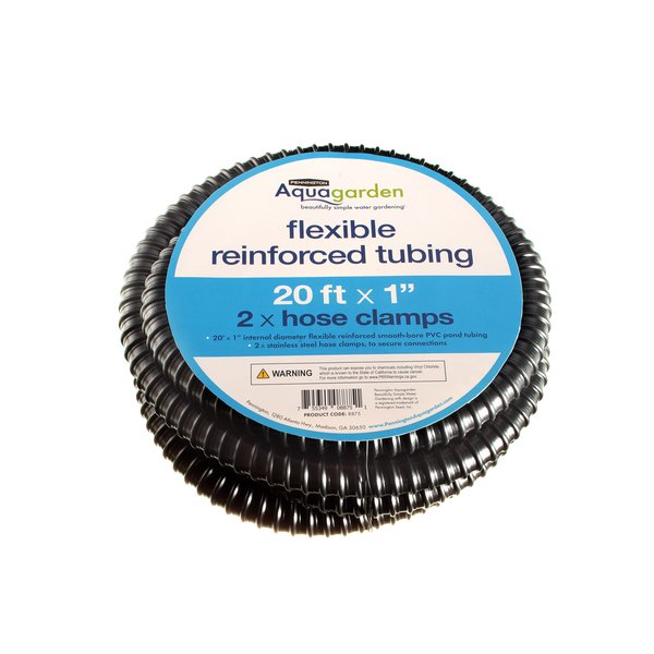 Pennington Aquagarden Aquagarden Flexible Reinforced Pond Tubing, 20ft x 1” Internal Diameter, Smooth-bore PVC Pond Tubing, Includes 2 stainless steel Hose Clamps, Corrugated, Tough and Strong Tubing,