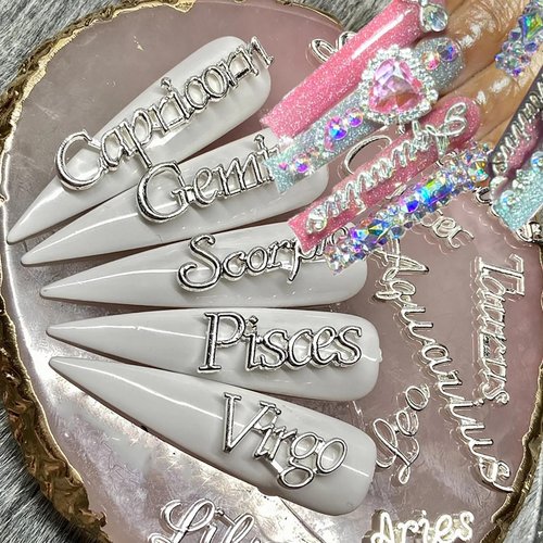JCAKES 36pcs Silver Zodiac Sign Nail Charms for Acrylic Nails Alloy Twelve Constellation Zodiac Letter Charm Jewels Studs Hollow Letter Nail Art Nail Decoration DIY Craft for Home&Salon