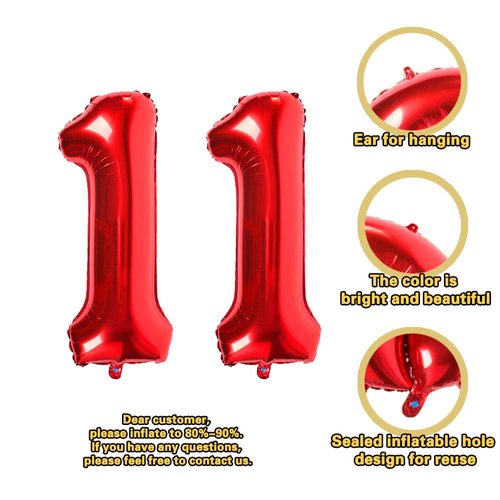 Red Number 11 Balloons,40 Inch Birthday Number Balloon Party Decorations Supplies Helium Foil Mylar Digital Balloons (Red Number 11)