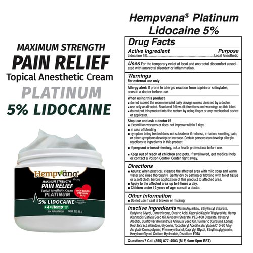 Hempvana Platinum 5% Lidocaine Relief Cream, Maximum Strength, AS-SEEN-ON-TV, Strongest Cream, Numbs Irritated Nerves for Fast Relief, Non-Greasy. Targeted Long-Lasting Relief. Enriched with Hemp