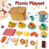 HERSITY Picnic Basket Toys for Toddlers, Kids Play Tea Sets with Teapot Tea Cup Dessert Food and Mat, Pretend Play Kitchen Accessories Tea Party Set Little Girl Boy Age 3 4 5