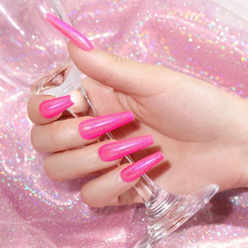 RARJSM Holographic Nail Polish Neon Hot Pink Gel 7.5ML Gorgeous Glossy Hologram Curing Required Art Manicure Salon DIY at Home