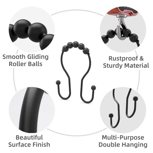 Bathway Shower Curtain Hooks Bathway Shower Curtain Rings Rust Proof Black Shower Curtain Hooks Balanced Smooth Glide Double Shower Curtain Hooks, Shower Hooks for Shower Curtain Liner Shower Rod Hook