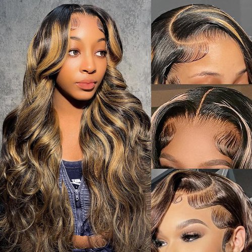 PDTBO Ombre Lace Front Wig Human Hair Pre Plucked 1B/27 Highlight Lace Front Wig Human Hair 13x4 Body Wave HD Lace Front Wigs Human Hair 180% Density Colored Balayage Wig Human Hair 24 Inch