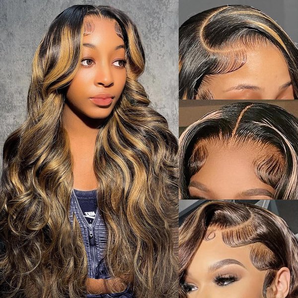 PDTBO Ombre Lace Front Wig Human Hair Pre Plucked 1B/27 Highlight Lace Front Wig Human Hair 13x4 Body Wave HD Lace Front Wigs Human Hair 180% Density Colored Balayage Wig Human Hair 24 Inch