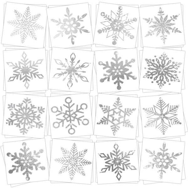 JUNEBRUSHS Winter Snowflake Glitter Silver Foil Temporary Tattoos, 120 Pcs Christmas Metallic Tattoo Sticker Decors 12 Styles Face Make up Stocking Stuffers Gift Filler Winter Wonderland Favors
