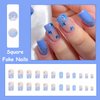 MISUD Short Square Press on Nails Squoval Fake Nails Glossy Glue on Nails Blue Gradient Acrylic Nails Spring Butterfly Artificial Nails Summer Bling Glitter Stick on False Nails with Design 24 pcs
