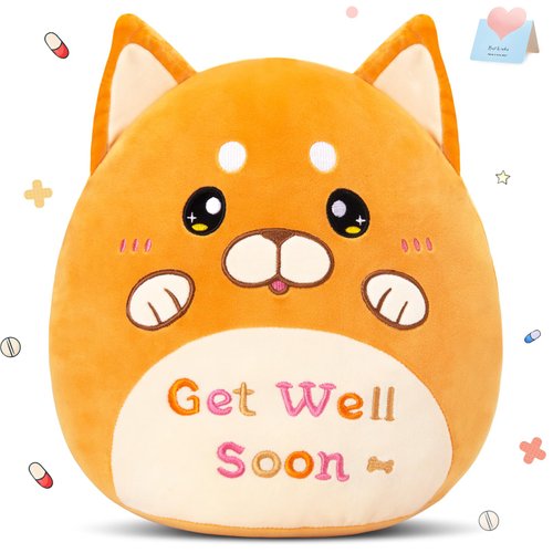 Houwsbaby 12" Get Well Soon Puppy Plush Pillow,Shiba Inu Dog Stuffed Animal,Soft Sofa Cushion Squishy Plushie Toy,Cute Room Decor,Feel Better Presents for Recovering Patient