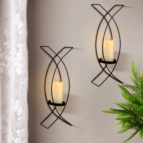 Candle Sconces Set of Two Metal Wall Sconce Candle Holder Wall Mounted Wall Sconces Decorative Iron Candle Holder for Living Room Bedroom Dining Room Wall Decorations (Black)