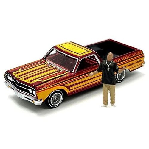 1965 Chevy El Camino Lowrider Red Metallic with Orange Graphics and Red Interior and Diecast Figure Limited Edition to 3600 Pieces Worldwide 1/64 Diecast Model Car by Johnny Lightning JLCP7460