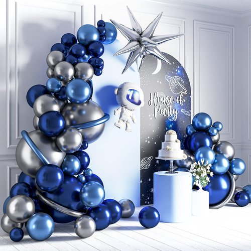 HOUSE OF PARTY Space Balloon Arch Kit - Navy Blue, Metallic Blue and Silver Space Balloons, Galaxy Astronaut Balloons & Silver Holographic Fringe Curtains for Space Birthday Party Decorations