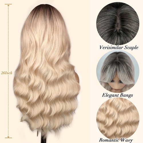 Foufait Ombre Blonde Wig with Bangs Synthetic Long Wavy Blonde Wigs for Women Platinum Blonde Curtain Bangs Wig Dark Brown Roots Middle Part Daily Party Use 26inch(Ombre Blonde)