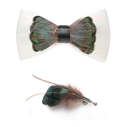 RBOCOTT Handmade Feather Pre-tied Bow tie and Brooch Sets for Men (42)