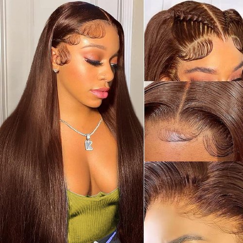 Brown Straight Lace Front Wigs Human Hair 24 Inch Chocolate Brown Lace Front Wig Straight 13x4 HD Transparent Lace Frontal Wigs Human Hair Pre Plucked 180 Density Brown Colored Wigs Human Hair 4#