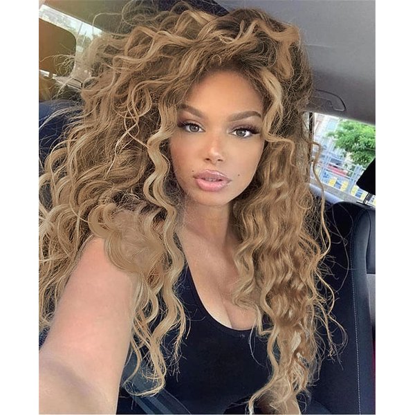 GNIMEGIL Natural Ombre Light Brown Long Wavy Curly Wigs for Women Wave Hair Free Part Synthetic Daily Party Cosplay Costume Halloween Wig