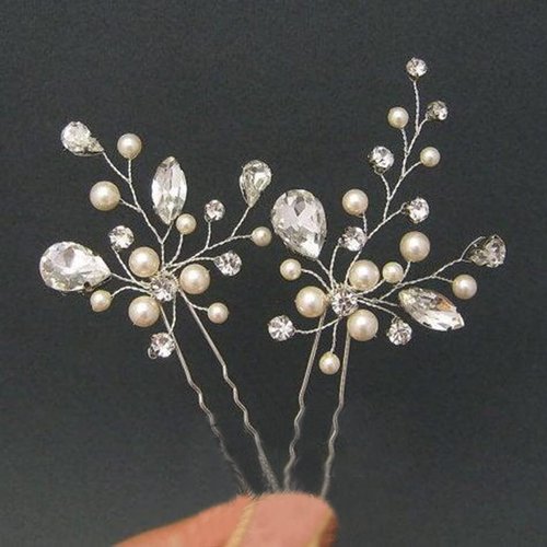 Heread Crystal Bride Wedding Hair Pins Silver Pearl Bridal Head Piece Rhinestones Hair Accessories for Women and Girls (Pack of 2)
