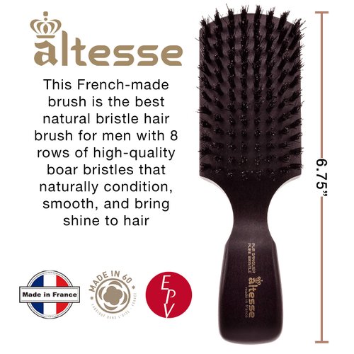 Altesse 1318P Boar Bristle Hair Brush for Men Beard and Mustache Beard Grooming Kit Dark Beechwood Hard Wave Brush for Men with 8 Rows of 100% Firm Natural Bristle Hair Brush Club Handmade in France