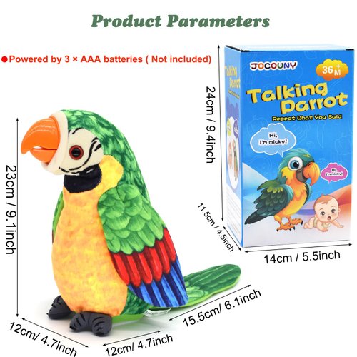 JOCOUNY Toddler Toys - Talking Parrot Repeats What You Said, Interactive Toy Electronic Stuffed Animals Plush Pet Doll for Babies Kids Boys Girls Party Birthday