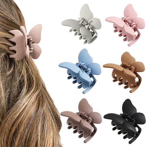 AWAYTR 6PCS Hair Clip, 2 Inch Butterfly Claw Clips for Women Girls Small Nonslip Butterfly Jaw Clips for Thick Hair and Strong Hold, Pack of 6, Solid color(blue+black+white+brown+fan+coffee)