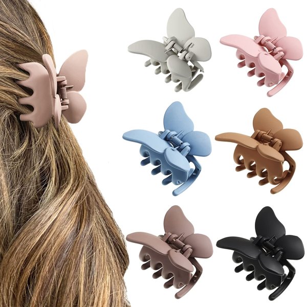 AWAYTR 6PCS Hair Clip, 2 Inch Butterfly Claw Clips for Women Girls Small Nonslip Butterfly Jaw Clips for Thick Hair and Strong Hold, Pack of 6, Solid color(blue+black+white+brown+fan+coffee)