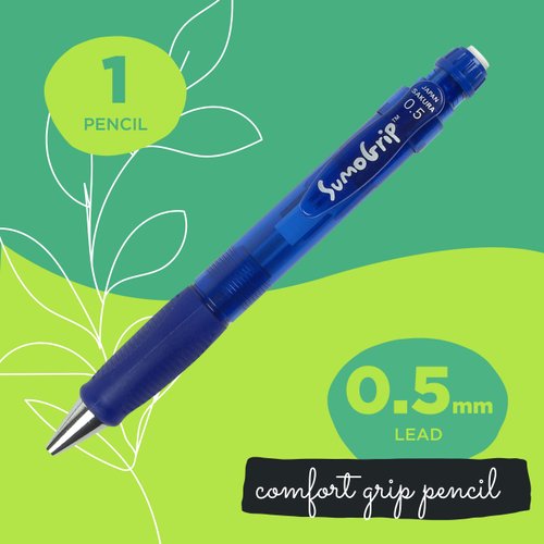 SAKURA SumoGrip Pencil with Comfort Grip - 0.5 mm Ergonomic Mechanical Pencil - Clear Blue