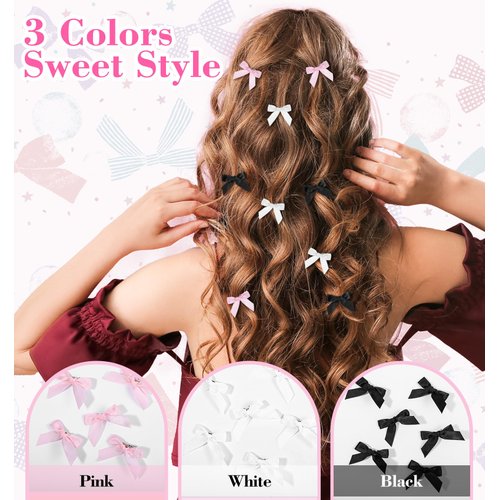 Hair Bows Clips, 36 Pcs 3 Colors Small Bow Hair Clips, Hair Clips Kawaii with Bowknot, Mini Bows with Ribbon Hair Clip for Long, Short, Curly, All Hair Types, Cute Satin Hair Bow Clips for Women Girls
