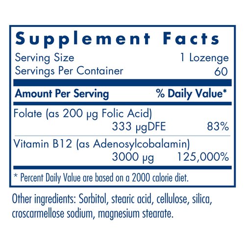 Allergy Research Group B12 Adenosylcobalamin Supplement - with Folic Acid, Vitamin B12 3000 mcg, Folate, Pure B12, Vegetarian Lozenges - 60 Count
