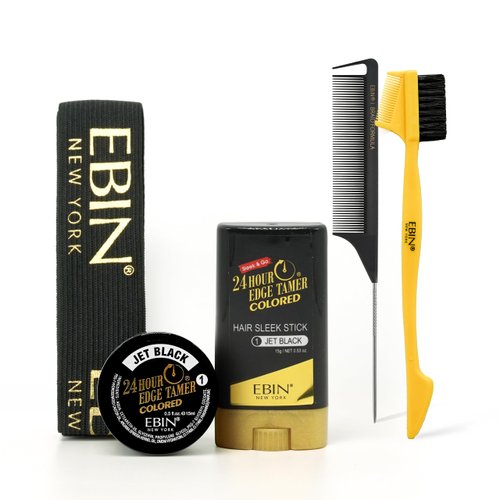 EBIN NEW YORK Black Collection Styling Kit - Jet Black | Sleek & Go, No Flaking, No Residue, Covers Gray and Roots, Argan Oil & Castor Oil | Comb and Melting Band