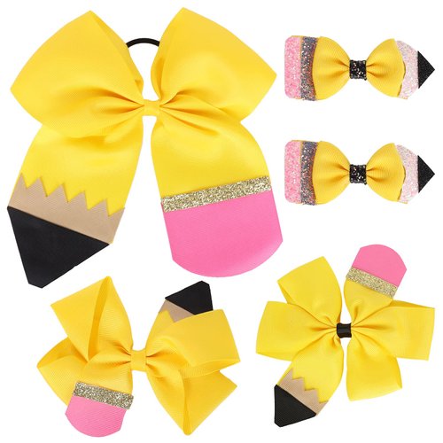 Whaline 5Pcs Back to School Yellow Pencil Hair Bow Clips Ponytail Holder Jumbo Ribbon Grosgrain Hairgrips Cheer Hair Bows Tie for First Day of School Girl Student Cheerleader Hair Accessories