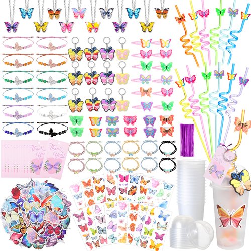 Ecally 171 Pcs Butterfly Party Favors for Girls Butterfly Keychain Hairpins Stickers Bracelet Ring Necklace Tattoo Straws Plastic Cups with Dome Lids Tag for Kids Butterfly Birthday Party Supplies