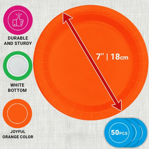 CUSINIUM 50-Pack 7" Orange Paper Plates - Disposable Set for Birthday Parties, Desserts & Gatherings
