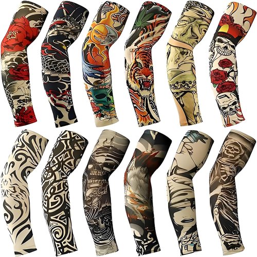 YARIEW Tattoo Sleeves for Men, 12Pcs Arm Sleeves Fake Tattoos Sleeves to Cover Arms Cooling Sun Protection Sleeves