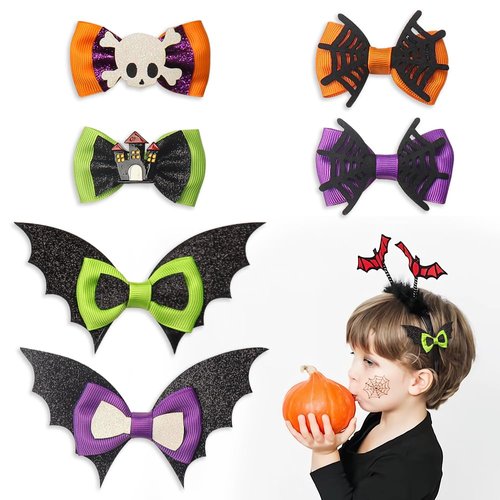 6PCS Halloween Hair Bows Clips Glitter Leather Bowknot Hair Clips Spider Web Grosgrain Ribbon Bows Boutique Hair Pins Accessories for Girls Women Halloween Party Costume Cosplay Accessories Supplies