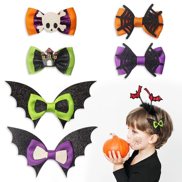 6PCS Halloween Hair Bows Clips Glitter Leather Bowknot Hair Clips Spider Web Grosgrain Ribbon Bows Boutique Hair Pins Accessories for Girls Women Halloween Party Costume Cosplay Accessories Supplies
