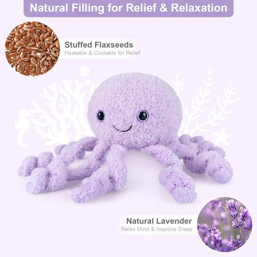 SuzziPals Microwavable & Coolable Octopus Plush, Lavender Octopus Stuffed Animals, Microwave Heating Pad Stuffed Animals for Cramps & Pain, Heated Stuffed Animals Octopus Plushie, Cute Plushies Gifts