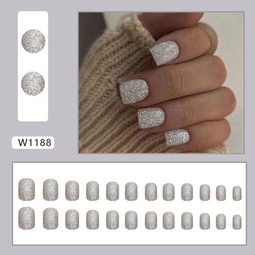 Generic 24Pcs Square Press on Nails Short Silver Glitter Fake Nails Shine Full Cover False Nails Acrylic Stick on Nails Acrylic Reusable Artificial Nails for Women Girls Glue on Nails