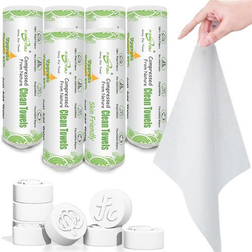 Fancyou Compressed Towel tablets Disposable Face Towel,Thicken Magic Mini Cotton Facial Tissues,Daily Clean Cloth,Biodegradable Towel,With Travel Wipes Case For Outdoor(Naked 48 Count)