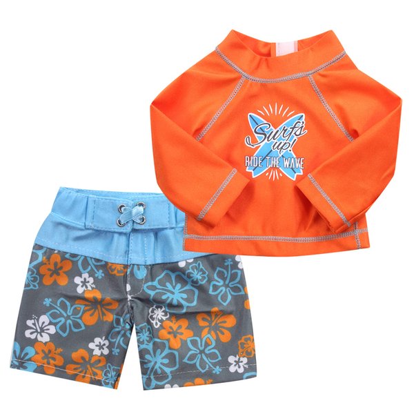 Sophia's Orange Surf Shirt Featuring Blue Surf Board Graphic Plus Blue and Orange Floral Print Swim Trunk Bathing Suit Set for 18" Boy Dolls, Orange