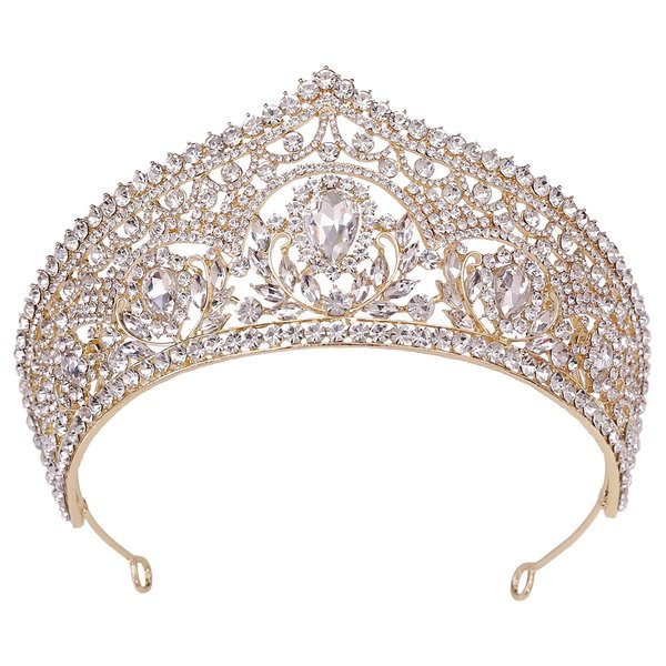 WIOJEIGO Women's Crown Crystal Wedding Tiara Queen Rhinestone Headbands for Prom Birthday Party Gold