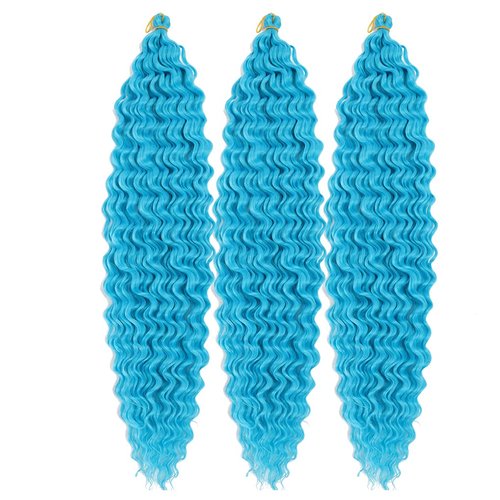 24inch Ocean Wave Braiding Hair Extensions 3packs Long Deep Curly Wave Braid Hair Synthetic Twist Ripple Crochet Deep Wave Braids Hair for Women 100g/pack(24",Blue)