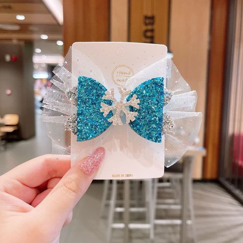 LINAYOHA 1Pcs Snowflake Blue Hair Bow Clip For Girls Princess Christmas Sequins Alligator Hair Barrette Bow Bands Mesh Hairpin Sparkly Frozen Hair Accessories for Toddler Birthday Gift on Party