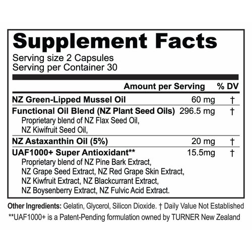 TURNER New Zealand Green Lipped Omega-3 Mussel Oil, 53x Higher Potency with UAF1000+ Super Antioxidant for Superior Joint Comfort & Mobility, No Fishy Aftertaste, 2 Bottles, 120 Softgels
