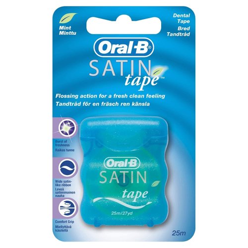 Oral-B Satin Dental Floss, 25 m, Plaque Remover for Teeth, Fresh Clean Feeling, Wide Tape with a Satin-Like Texture, Comfort Grip, Mint