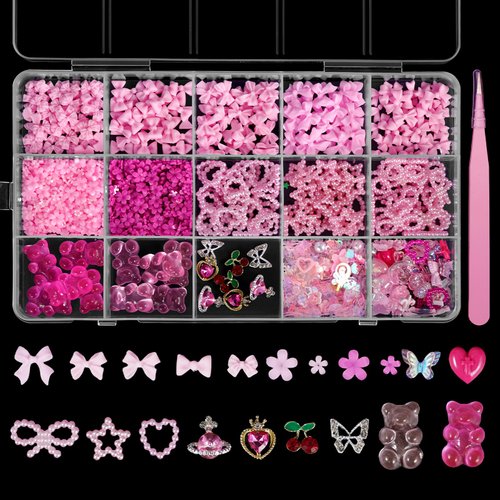 3D Pink Bows Nails Charms Bowknot Flower Heart Butterfly Bear Nail Charms Planet Cherry Nail Rhinestones Bow Nail Pearls for Nail Art Jewel Accessories