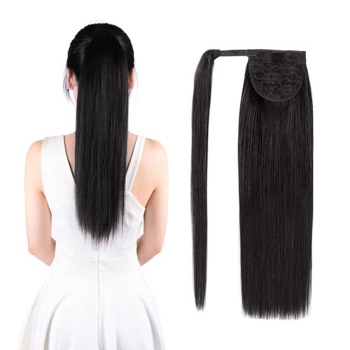 Winsky 18" Human Hair Ponytail Extension Wrap Around - Natural Black Color Straight Pony Tail Real 100% Real Remy Hair Extensions for Women (18 Inch #1B, 90gram)