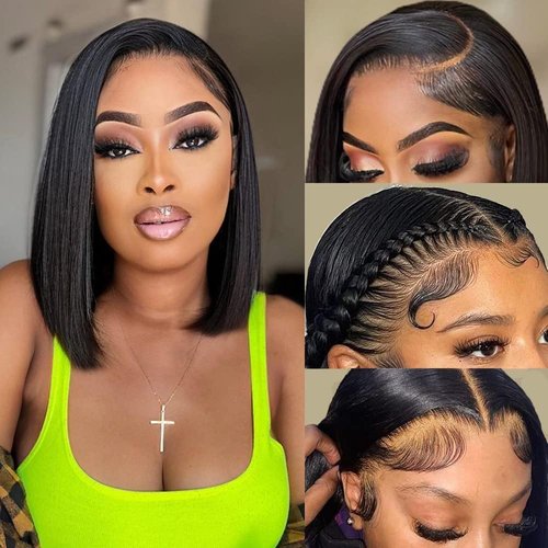 Lace Front Bob Wigs Human Hair Pre Plucked 13x4 Lace Frontal Wigs Human Hair With Baby Hair Bleached Knots Virgin Glueless Human Hair Wigs for Black Women 150% Density Natural Color 10inch