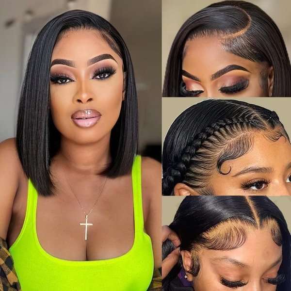 Lace Front Bob Wigs Human Hair Pre Plucked 13x4 Lace Frontal Wigs Human Hair With Baby Hair Bleached Knots Virgin Glueless Human Hair Wigs for Black Women 150% Density Natural Color 10inch