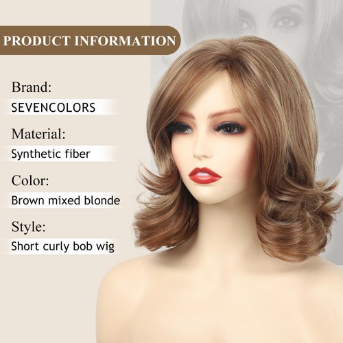 SEVENCOLORS Short Blonde Wavy Wigs for White Women Natural Layered Curly Bob Wigs Side Part Synthetic Hair Brown Wigs for Women