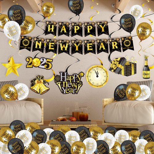Tatuo 54 Happy New Year Party Decorations 2025 Kit, Include Black Gold Glitter Happy New Year Banner, Hanging Swirl and Celebration Card, Black Gold Silver Balloons for New Year's Eve Party Supplies